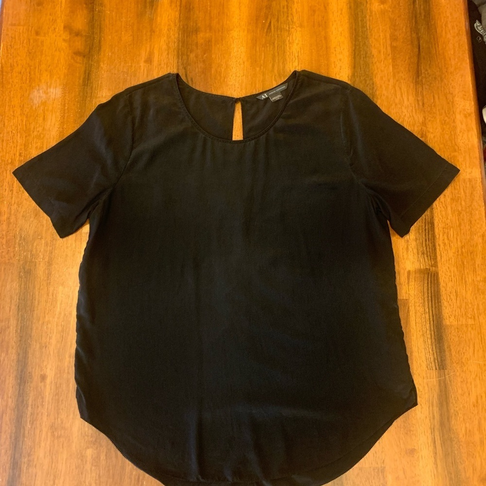 Armani Exchange Blouse XL Black Elegant 100% Mulberry Silk Short Sleeve Luxury